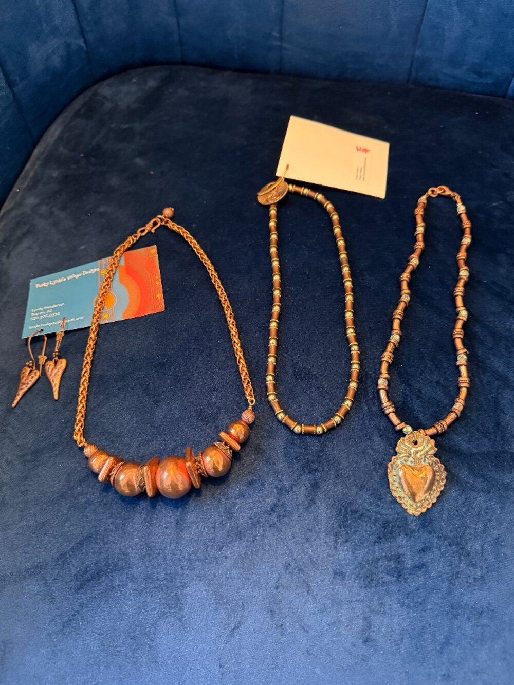 Artisan Handmade Copper Jewelry Lot - Sacred Heart & Orb Necklaces Earrings Set